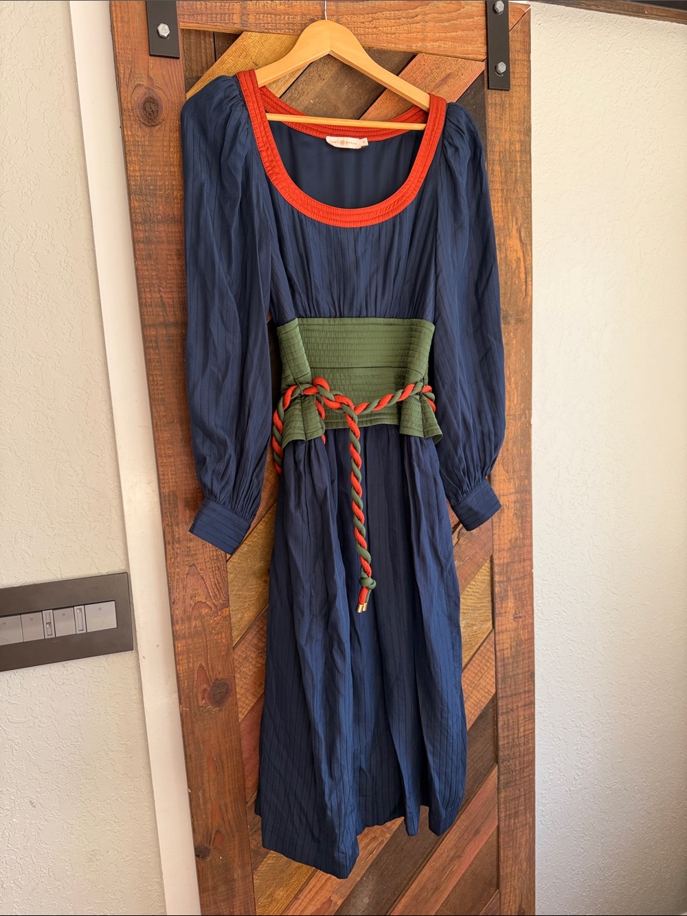 Tory Burch Navy tie waist green long sleeve dress 6
